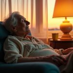 An elderly person rests peacefully in a sunlit armchair during late afternoon, surrounded by warm and cool tones, highlighting the comfort and complexity of aging and rest.