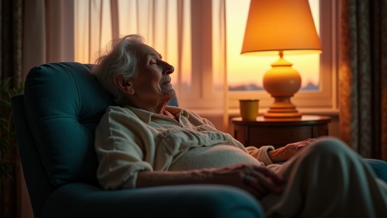 An elderly person rests peacefully in a sunlit armchair during late afternoon, surrounded by warm and cool tones, highlighting the comfort and complexity of aging and rest.