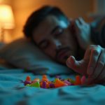 A person in bed plugs one ear and clutches earplugs with a mix of warm and cool lighting, highlighting the struggle to sleep amid noise.