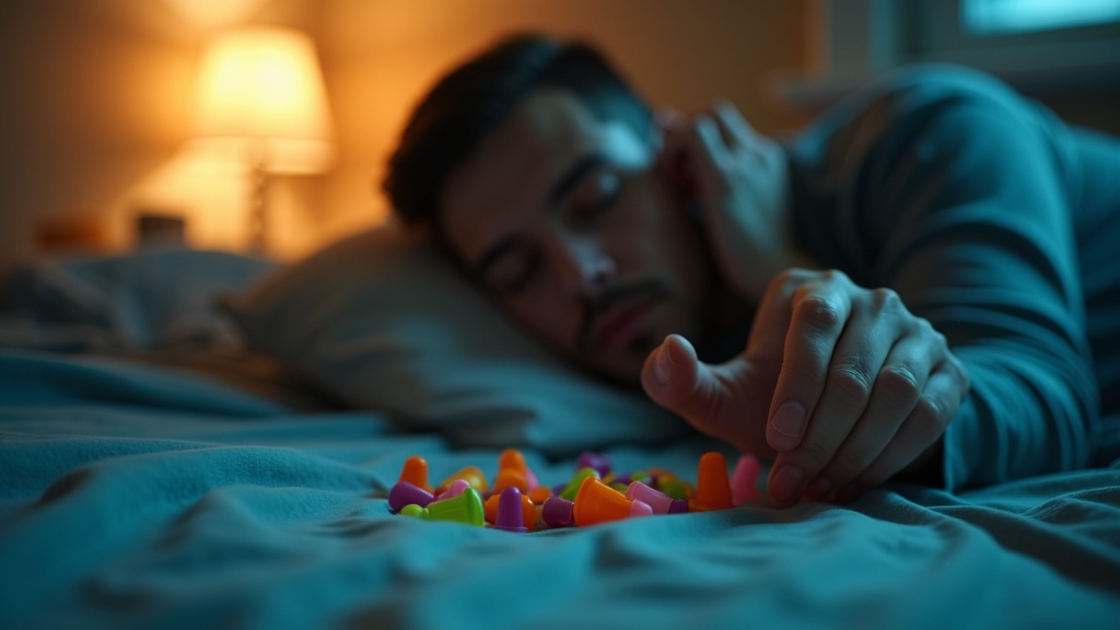 A person in bed plugs one ear and clutches earplugs with a mix of warm and cool lighting, highlighting the struggle to sleep amid noise.