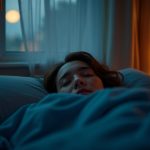 A peaceful person in their twenties sleeps under a blue blanket in a softly lit bedroom, with moonlight streaming through a partially open window and warm light from a bedside lamp.