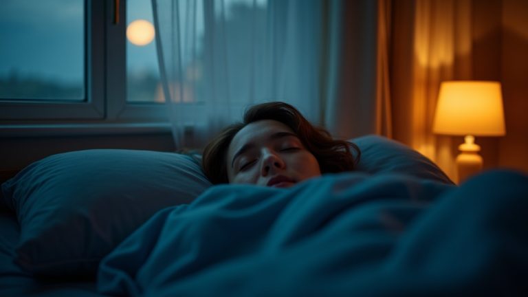 A peaceful person in their twenties sleeps under a blue blanket in a softly lit bedroom, with moonlight streaming through a partially open window and warm light from a bedside lamp.