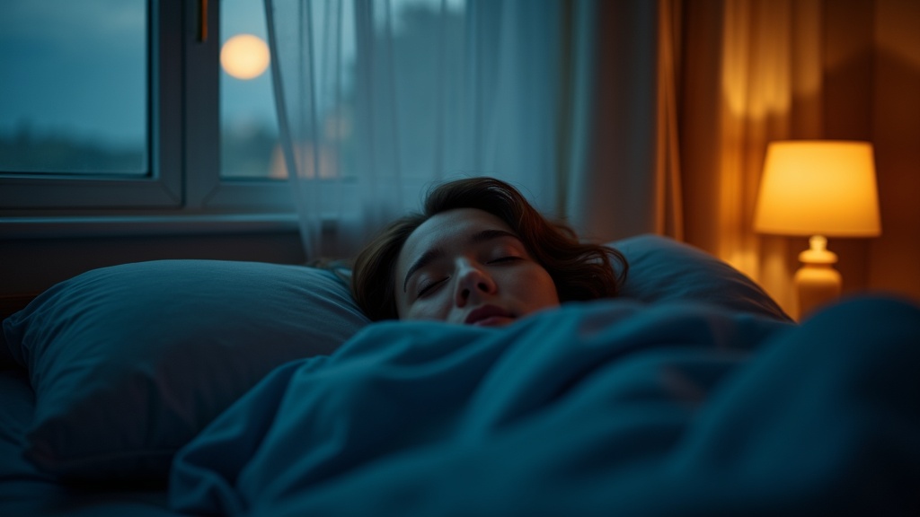 A peaceful person in their twenties sleeps under a blue blanket in a softly lit bedroom, with moonlight streaming through a partially open window and warm light from a bedside lamp.