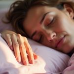 Person in bed early morning pressing a hand on a pillow, appearing serene yet slightly frustrated, with warm natural light highlighting textured lavender bedding.