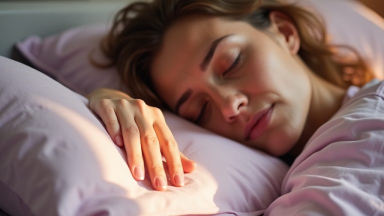 Person in bed early morning pressing a hand on a pillow, appearing serene yet slightly frustrated, with warm natural light highlighting textured lavender bedding.