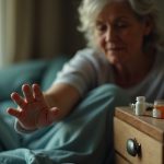 Middle-aged person in morning light, sitting on bed and reaching for assorted medication bottles on a nightstand, appearing thoughtful and contemplative.