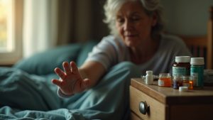 Middle-aged person in morning light, sitting on bed and reaching for assorted medication bottles on a nightstand, appearing thoughtful and contemplative.