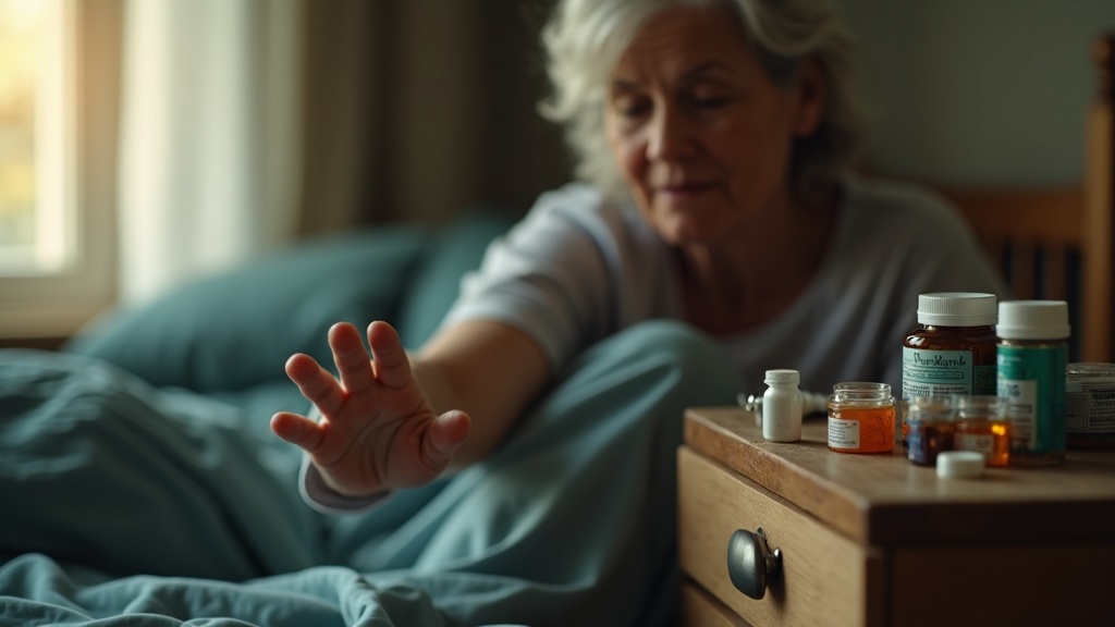 Middle-aged person in morning light, sitting on bed and reaching for assorted medication bottles on a nightstand, appearing thoughtful and contemplative.