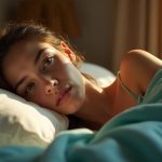 A young adult rests in bed during a softly sunlit morning, gazing thoughtfully as warm sunlight and shadows highlight a moment of reflection about weekend sleep.