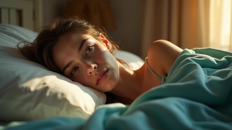 A young adult rests in bed during a softly sunlit morning, gazing thoughtfully as warm sunlight and shadows highlight a moment of reflection about weekend sleep.