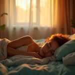 A young adult shift worker rests peacefully at dawn in a warmly lit, cozy bedroom, capturing the challenge of finding restful sleep after a long night.