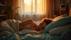 A young adult shift worker rests peacefully at dawn in a warmly lit, cozy bedroom, capturing the challenge of finding restful sleep after a long night.