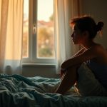 Teenager sitting on bed in early morning light, gazing thoughtfully out the window in a softly lit bedroom with teal accents.