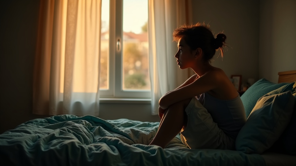 Teenager sitting on bed in early morning light, gazing thoughtfully out the window in a softly lit bedroom with teal accents.