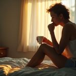 Person in morning light on the edge of a bed, thoughtfully holding coffee and considering their caffeine routine in a cozy bedroom.