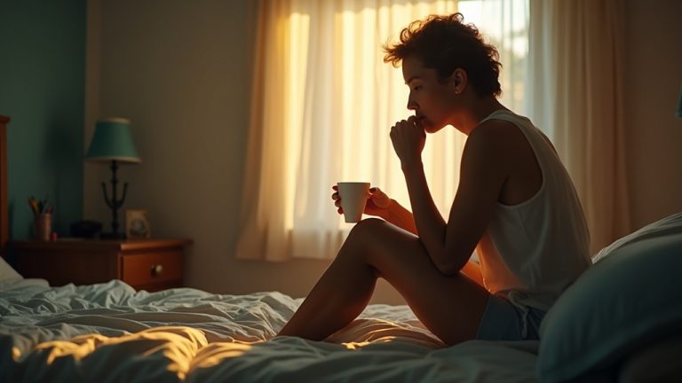 Person in morning light on the edge of a bed, thoughtfully holding coffee and considering their caffeine routine in a cozy bedroom.