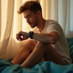 A young adult sitting on a bed in morning light, thoughtfully adjusting a fitness tracker while surrounded by teal bedding and warm shadows.