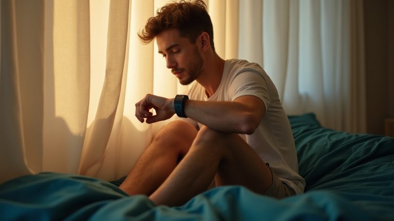 A young adult sitting on a bed in morning light, thoughtfully adjusting a fitness tracker while surrounded by teal bedding and warm shadows.