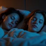 Two people sleeping in a warmly lit bedroom at dawn, each bathed in contrasting light that hints at experiencing different dream states.