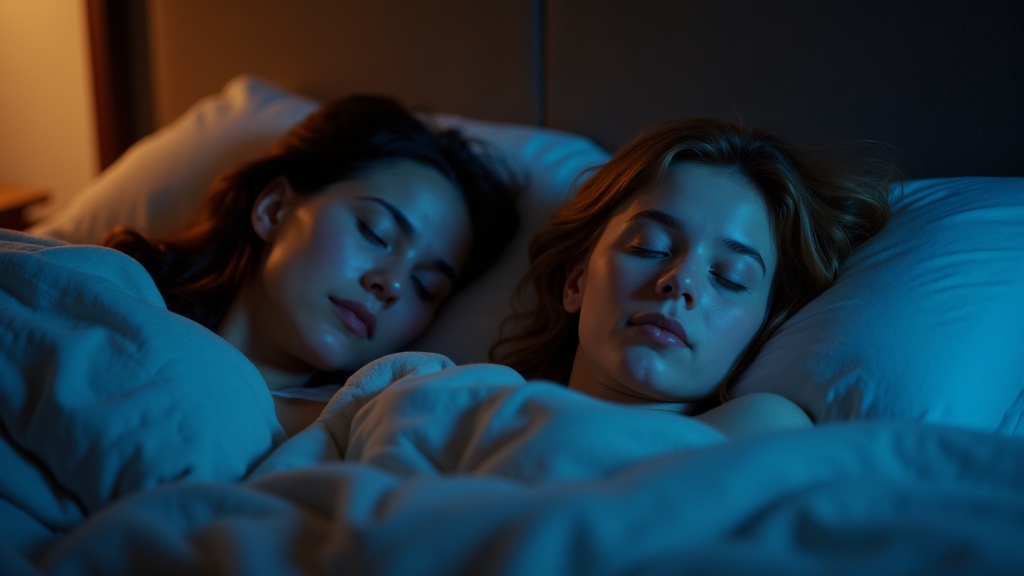 Two people sleeping in a warmly lit bedroom at dawn, each bathed in contrasting light that hints at experiencing different dream states.