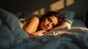 Person resting in bed at sunrise with contemplative expression, sunlight highlighting their face as they wake, evoking the uncertainty between ordinary snoring and potential sleep disorders.