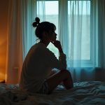 Young adult sitting on a bed in a warmly lit bedroom, looking thoughtfully toward a window with a mix of cool and warm light creating soft shadow patterns.