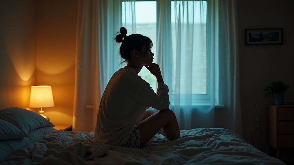 Young adult sitting on a bed in a warmly lit bedroom, looking thoughtfully toward a window with a mix of cool and warm light creating soft shadow patterns.