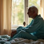 A thoughtful older adult sits on a bed in morning sunlight, reflecting on changes in sleep as they age in a softly lit, cozy bedroom.