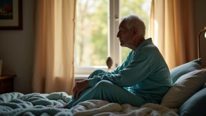 A thoughtful older adult sits on a bed in morning sunlight, reflecting on changes in sleep as they age in a softly lit, cozy bedroom.