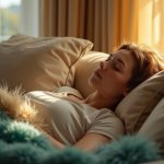 Person in their 30s rests on a sunlit sofa in a cozy living room, pausing mid-nap with soft sunlight highlighting their contemplative face and warm, inviting textures.