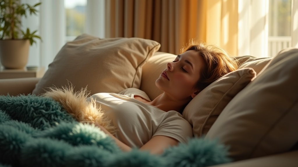 Person in their 30s rests on a sunlit sofa in a cozy living room, pausing mid-nap with soft sunlight highlighting their contemplative face and warm, inviting textures.