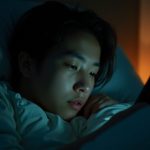 A young adult in bed at night lit by both a smartphone screen and a warm bedside lamp, reflecting on sleep and phone habits.