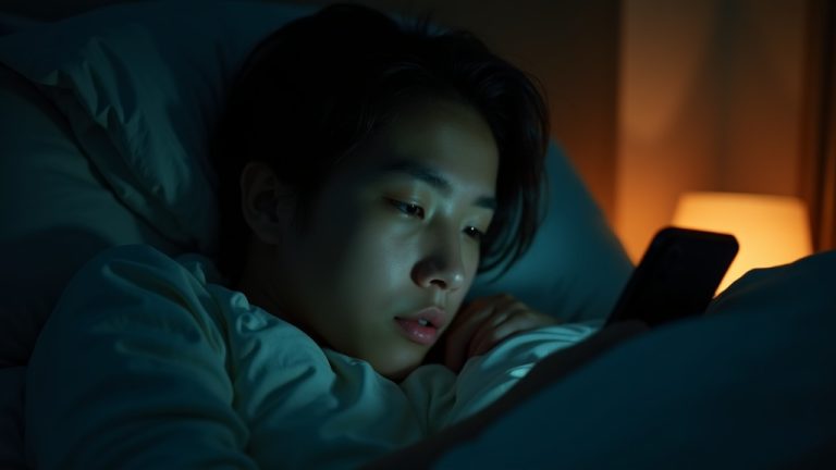 A young adult in bed at night lit by both a smartphone screen and a warm bedside lamp, reflecting on sleep and phone habits.