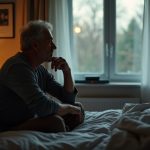 A middle-aged person sits thoughtfully on a bed in a softly lit bedroom, reflecting quietly before sleep as evening light filters through the window.