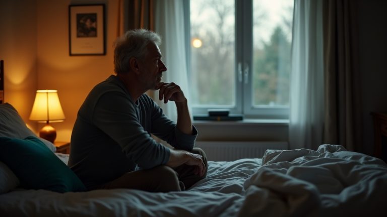 A middle-aged person sits thoughtfully on a bed in a softly lit bedroom, reflecting quietly before sleep as evening light filters through the window.