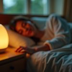 A cozy bedroom at dusk with a person relaxing and reaching for a softly glowing bedside lamp, highlighting a calm and inviting sleep atmosphere.