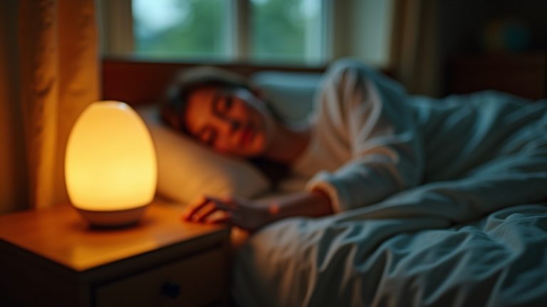 A cozy bedroom at dusk with a person relaxing and reaching for a softly glowing bedside lamp, highlighting a calm and inviting sleep atmosphere.