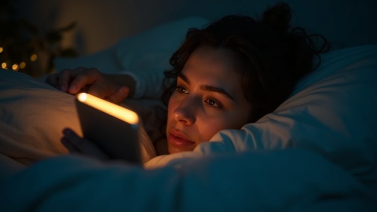 A person lies awake in a softly lit bedroom at night, surrounded by glowing sleep gadgets and relaxing in a serene, cozy atmosphere.