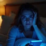 Young adult sitting thoughtfully on bed at night, face illuminated by both warm bedside lamp and blue device light, reflecting concerns about screen use before sleep.