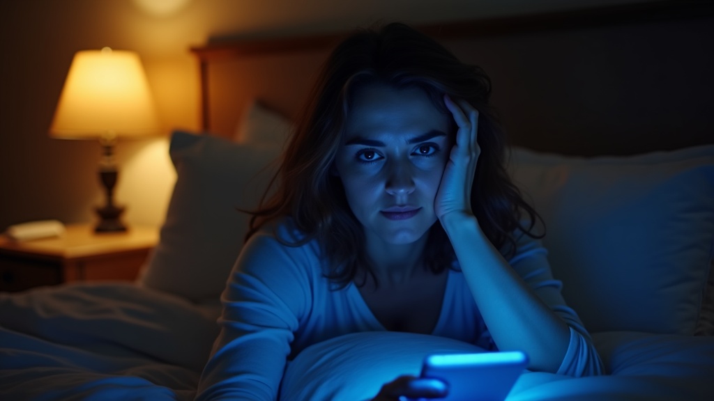 Young adult sitting thoughtfully on bed at night, face illuminated by both warm bedside lamp and blue device light, reflecting concerns about screen use before sleep.