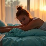 A person stretching in bed at dawn in a softly lit bedroom, with sunlight filtering through curtains and a smartphone glowing on the bedside table, capturing the quiet transition from sleep to wakefulness.