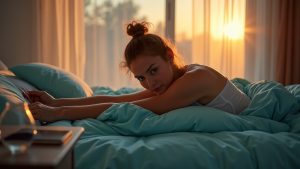 A person stretching in bed at dawn in a softly lit bedroom, with sunlight filtering through curtains and a smartphone glowing on the bedside table, capturing the quiet transition from sleep to wakefulness.
