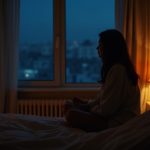 A person sitting on the edge of a softly lit bed at midnight, looking thoughtfully out a window with scattered personal items on the nightstand, conveying a sense of nighttime worry and hope.