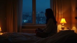 A person sitting on the edge of a softly lit bed at midnight, looking thoughtfully out a window with scattered personal items on the nightstand, conveying a sense of nighttime worry and hope.