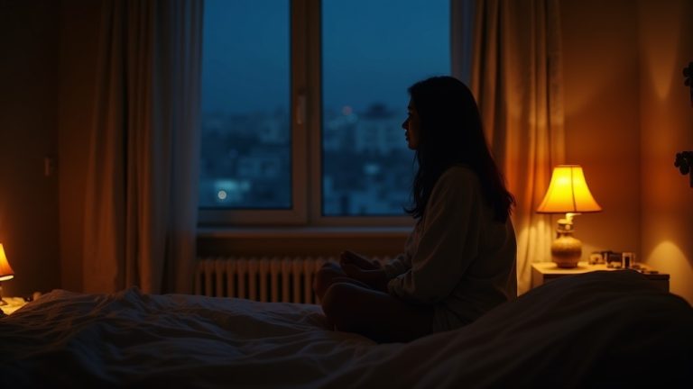 A person sitting on the edge of a softly lit bed at midnight, looking thoughtfully out a window with scattered personal items on the nightstand, conveying a sense of nighttime worry and hope.