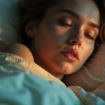 A person lying in bed, softly lit by warm and cool light, with colorful streams symbolizing overlapping white noise, showing a thoughtful expression as they consider sleep options.