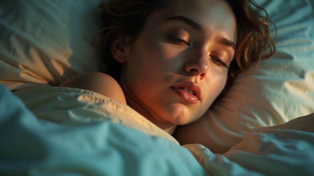 A person lying in bed, softly lit by warm and cool light, with colorful streams symbolizing overlapping white noise, showing a thoughtful expression as they consider sleep options.
