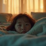 Person lying in a warmly lit bedroom with a thoughtful expression, illustrating the struggle to sleep restfully despite a cozy setting.