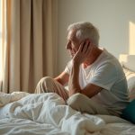 A thoughtful middle-aged person sits on a neatly-made bed in morning light, reflecting on their sleep quality in a cozy, softly-lit bedroom.