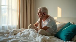 A thoughtful middle-aged person sits on a neatly-made bed in morning light, reflecting on their sleep quality in a cozy, softly-lit bedroom.